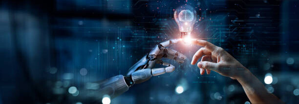 The Power Of Using AI In Affiliate Marketing image 5 ai robot hand and human hand both pointing toward a light bulb make xtra money online