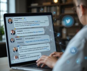 Affiliate Marketing Communities - Where To Learn Network & Grow image 1 Person engaging in an online affiliate marketing forum typing responses with social media icons floating around MXMO