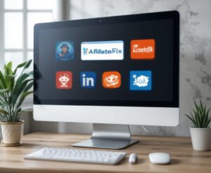 Affiliate Marketing Communities - Where To Learn Network & Grow image 2 computer screen displaying multiple community platforms Warrior Forum AffiliateFix LinkedIn Reddit Facebook MXMO
