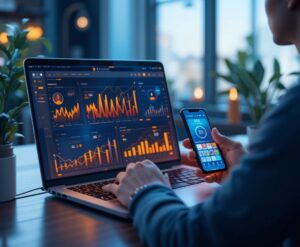 How-To-Adapt-To-Googles-Algorithm-Updates-Without-Losing-Traffic-image-1-Marketer-reviewing-SEO-analytics-dashboards-on-laptop-and-smartphone-illustration-MXMO