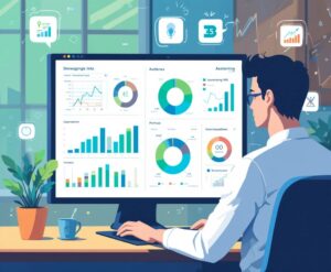 How To Build A Profitable Social Media Strategy Step-by-Step Featured image 1 illustration of a marketer analysing audience data on a large screen, showing charts MXMO How To Build A Profitable Social Media Strategy Step-by-Step Featured image 1 illustration of a marketer analysing audience data on a large screen, showing charts MXMO