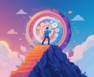 How To Build A Profitable Social Media Strategy Step-by-Step image 4 a person climbing steps to a large target with a social media icons symbolising growth and achieving goals MXMO How To Build A Profitable Social Media Strategy Step-by-Step image 4 a person climbing steps to a large target with a social media icons symbolising growth and achieving goals MXMO