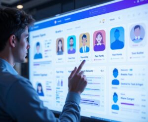 How To Create High-Converting Affiliate Marketing Content image 1 marketer analysing customer personas on a large screen showing icons for demographics pain points and audience segments MXMO