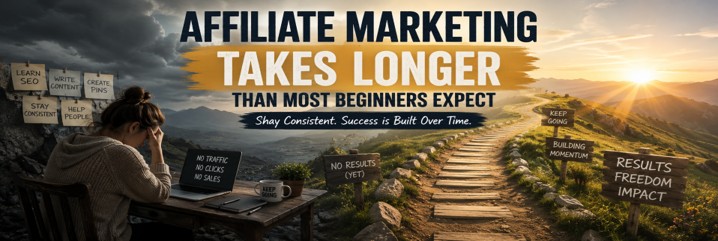 Affiliate Marketing takes longer than expected Featured Image person sat at desk with laptop with bright path to success MXMO