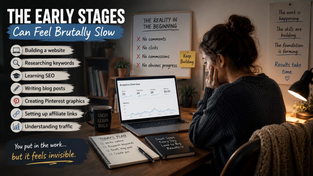Affiliate Marketing takes longer than expected Image 1 Infographic of person sat at laptop screen and desk with lots of to dos MXMO