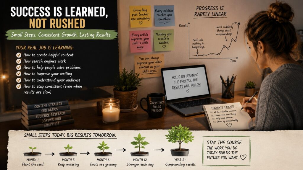 Affiliate Marketing takes longer than expected Image 2 Infographic of person sat at laptop screen and desk with success is learned details MXMO