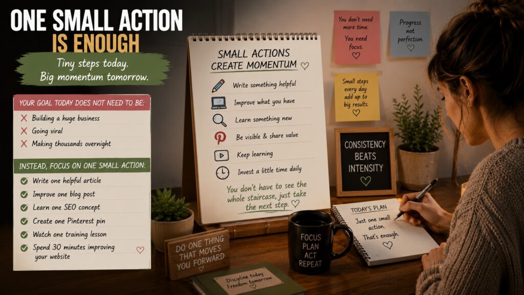 Affiliate Marketing takes longer than expected Image 3 Infographic of person sat at laptop screen and desk one small action plan for success MXMO