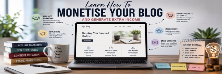 Learn How To Monetise Your Blog And Generate Extra Income Featured image showing blogging income streams including affiliate marketing SEO email marketing memberships and digital products MXMO