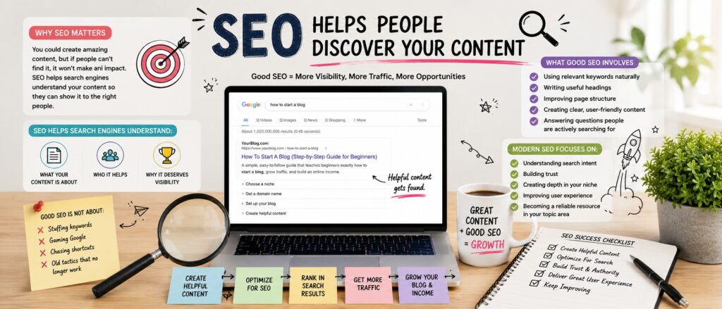 Learn How To Monetise Your Blog And Generate Extra Income Image 3 SEO infographic explaining how seo helps people discover blog content improve rankings and grow website traffic MXMO Learn How To Monetise Your Blog And Generate Extra Income Image 3 SEO infographic explaining how seo helps people discover blog content improve rankings and grow website traffic MXMO