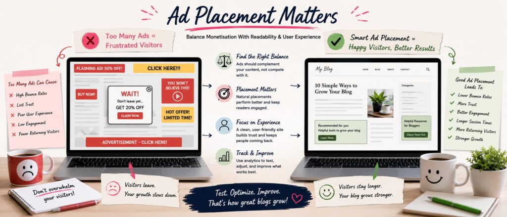 Learn How To Monetise Your Blog And Generate Extra Income Image 5 Website advertising and ad placement infographic showing importance of balancing monetisation with user experience readability MXMO Learn How To Monetise Your Blog And Generate Extra Income Image 5 Website advertising and ad placement infographic showing importance of balancing monetisation with user experience readability MXMO
