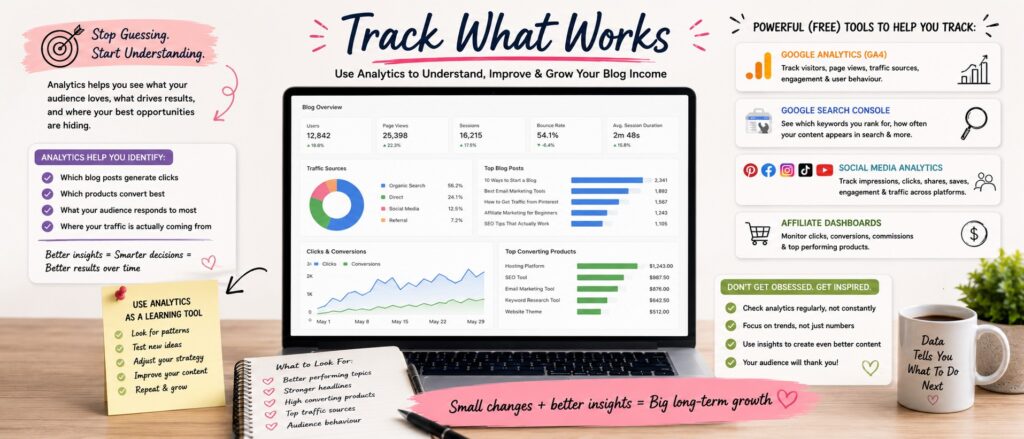 Learn How To Monetise Your Blog And Generate Extra Income Image 6 Blogging analytics and tracking infographic Google Analytics Search Console affiliate dashboards and social media MXMO