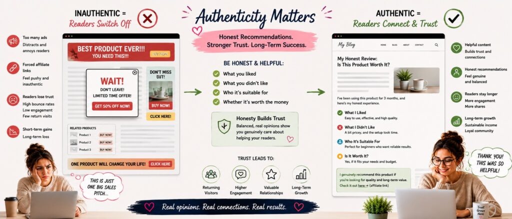 Learn How To Monetise Your Blog And Generate Extra Income Image 8 Affiliate marketing authenticity infographic comparing genuine recommendations with overly aggressive content MXMO Learn How To Monetise Your Blog And Generate Extra Income Image 8 Affiliate marketing authenticity infographic comparing genuine recommendations with overly aggressive content MXMO